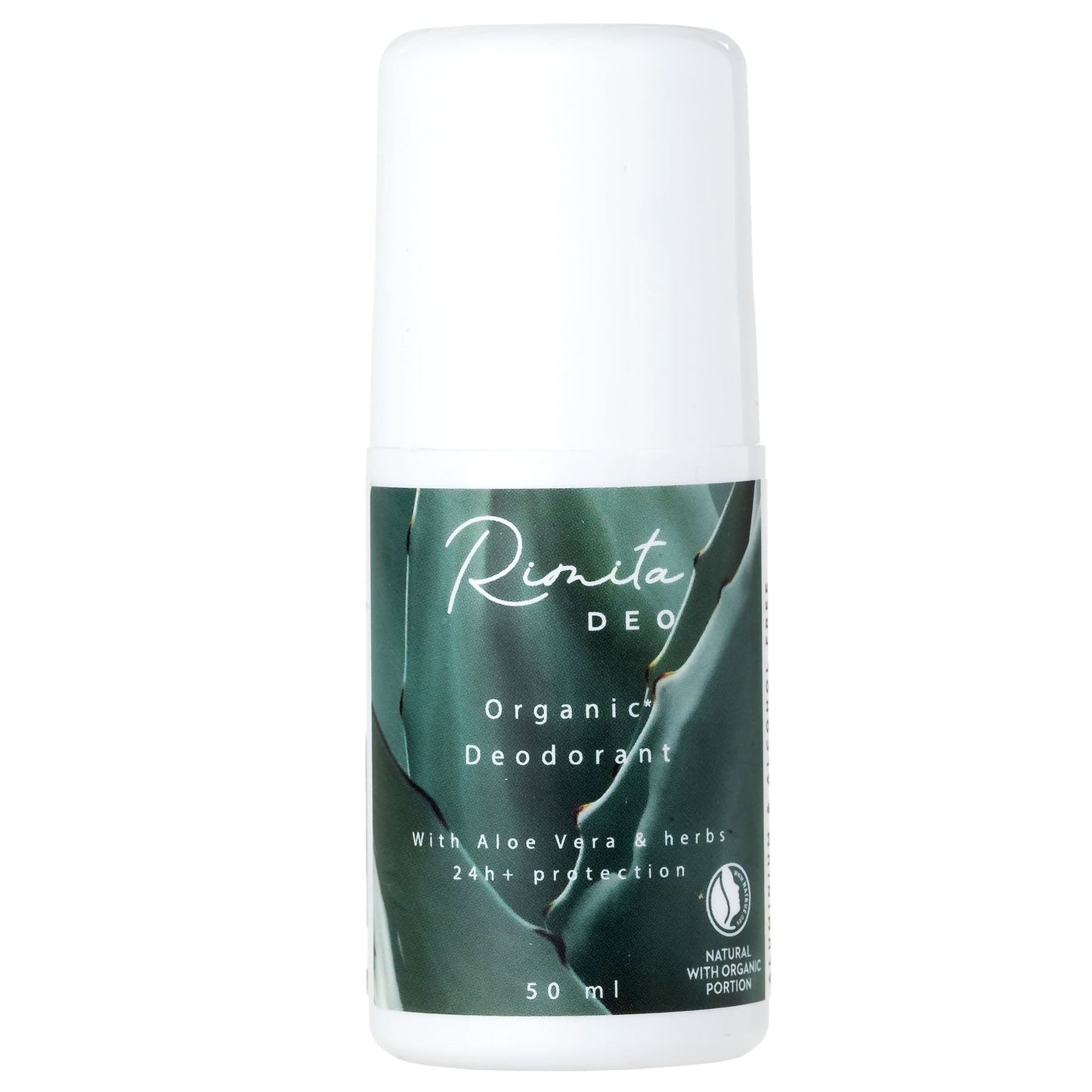 A white roll-on bottle of RimitaDeo Original Aluminium Free Deodorant by Rimita Green, featuring a dark green leaf design and text highlighting aloe vera, herbs, 24-hour protection, and a gentle natural formula for sensitive skin.