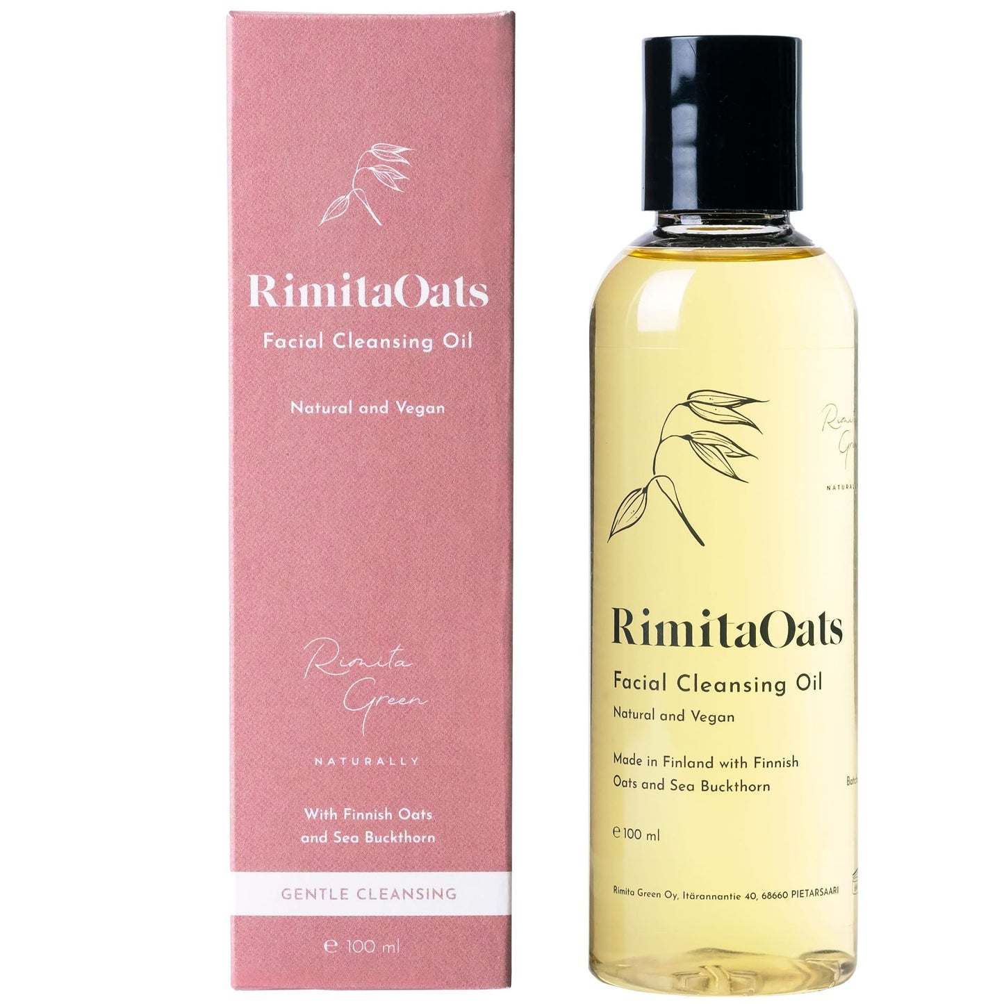 A pink box and clear bottle of Rimita Green’s RimitaOats Facial Cleansing Oil for dry, sensitive skin—natural, vegan, made in Finland with Finnish oats and sea buckthorn—display matching branding and text.