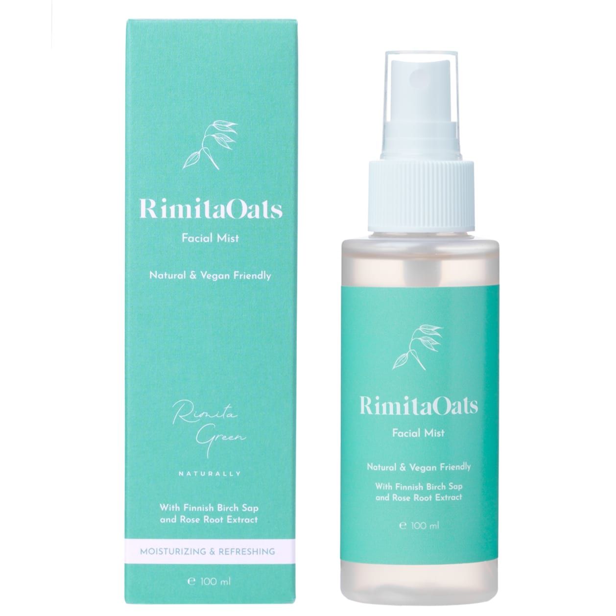 A teal bottle of Rimita Green’s RimitaOats Facial Mist with a matching box, labeled Natural & Vegan Friendly, contains birch sap, rose root extract, and hyaluronic acid for deep hydration; minimalist botanical graphics adorn both.