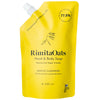A yellow 500ml pouch of Rimita Green’s RimitaOats Hand and Body Soap features black text, a spout, a small Finnish flag, and highlights lemongrass essential oil, Finnish oats, 77.8% natural ingredients, and vegan-friendly formula.