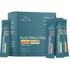 A box of SALTE Electrolytes Variety Pack is shown with four sachets—lemon, orange, strawberry, and apple flavors—displayed in front. The packaging displays nutrient details and keto electrolytes info. Brand: SALTE.