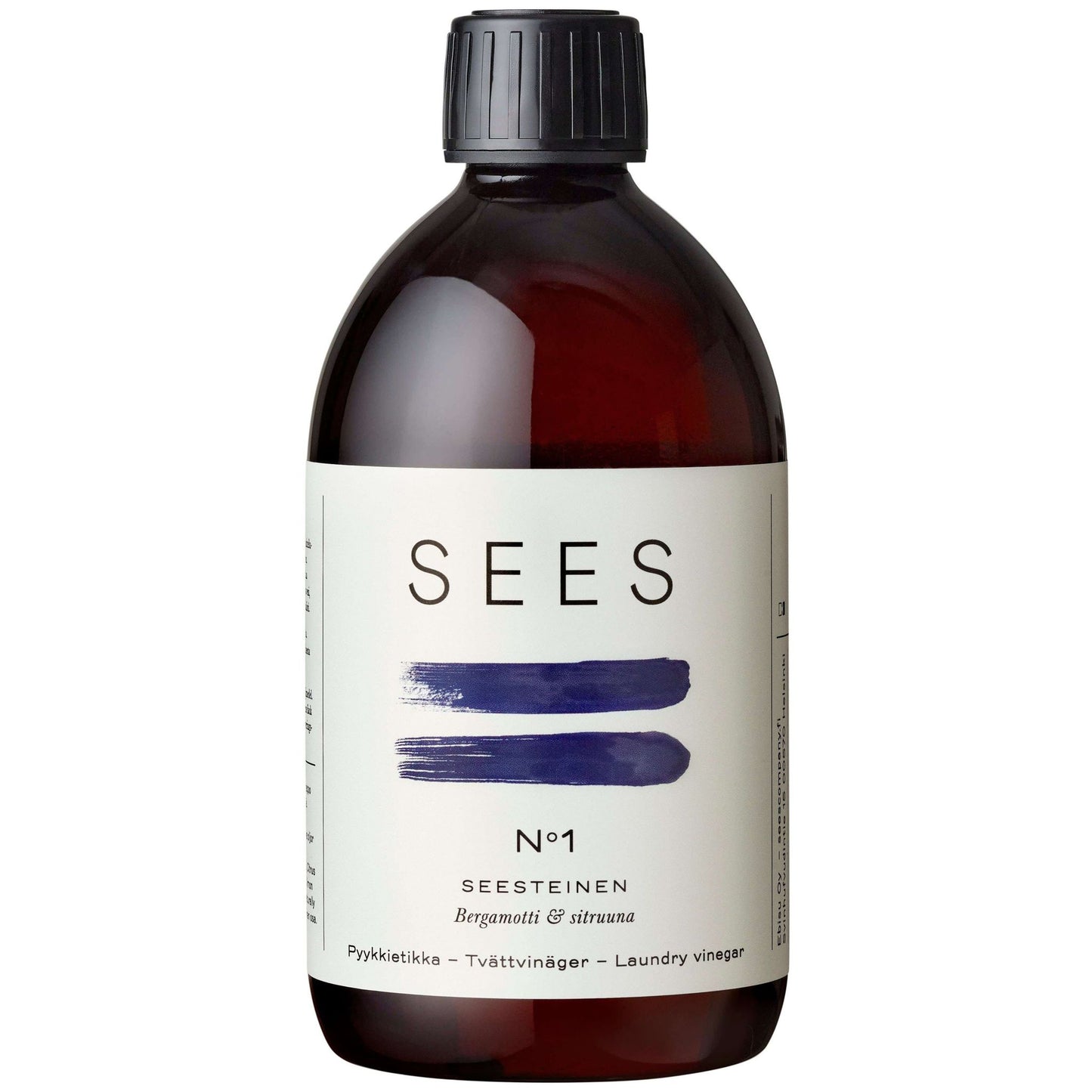 A brown bottle with a black cap labeled SEES Laundry Vinegar No. 2 by SEES Company features blue brush strokes and multilingual text, highlighting its calming lavender and peppermint eco-friendly formula for natural odour removal.