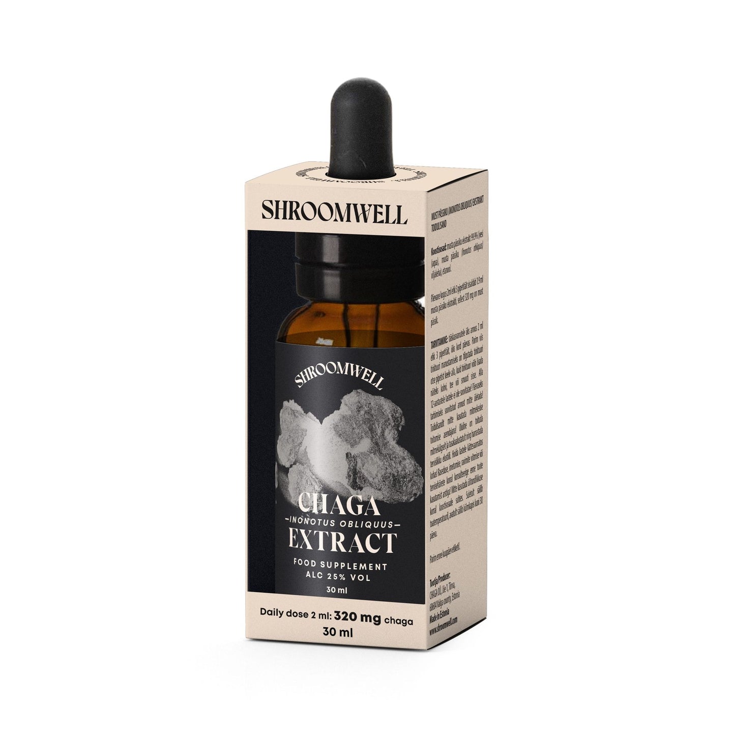 A small brown glass bottle of Shroomwell Chaga Extract with a black dropper, in a beige box displaying product info and a Chaga Mushroom image. The label notes it as a food supplement by Shroomwell.