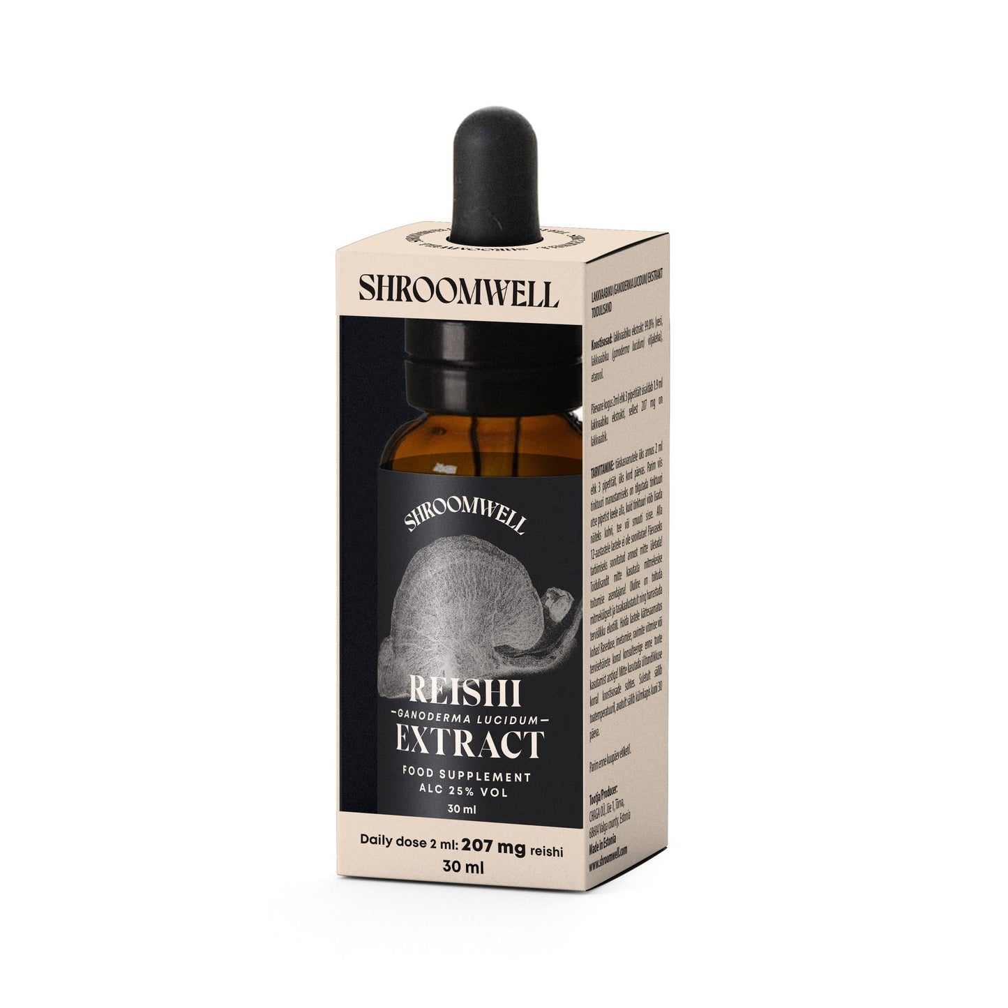 Shroomwell Reishi Extract by Shroomwell comes in a 30 ml brown glass dropper bottle with a mushroom illustration, providing a daily dose of 207 mg reishi per 2 ml serving.