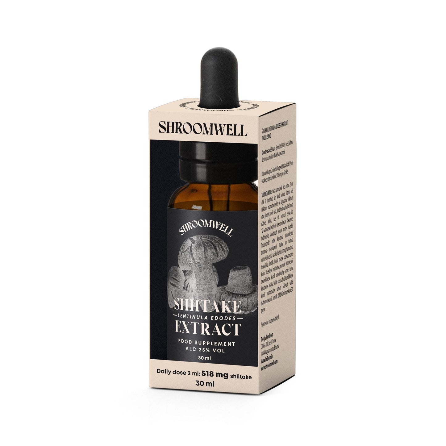 A box of Shroomwell Shiitake Extract vegan supplement featuring product details and shiitake mushrooms, containing a brown dropper bottle with a mushroom drops cap inside. Brand: Shroomwell.