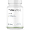 A white bottle of THERA Nordic Move by THERA Nordic contains 60 magnesium capsules with ACTAZIN® kiwifruit for natural gut detox, featuring Finnish and Swedish text on a clean, minimal label.