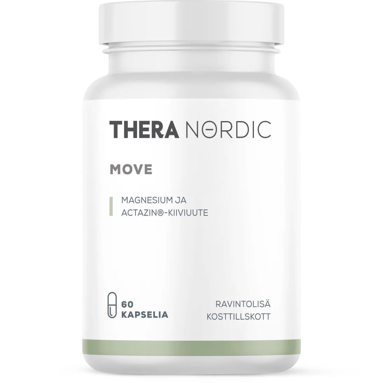 A white bottle of THERA Nordic Move by THERA Nordic contains 60 magnesium capsules with ACTAZIN® kiwifruit for natural gut detox, featuring Finnish and Swedish text on a clean, minimal label.