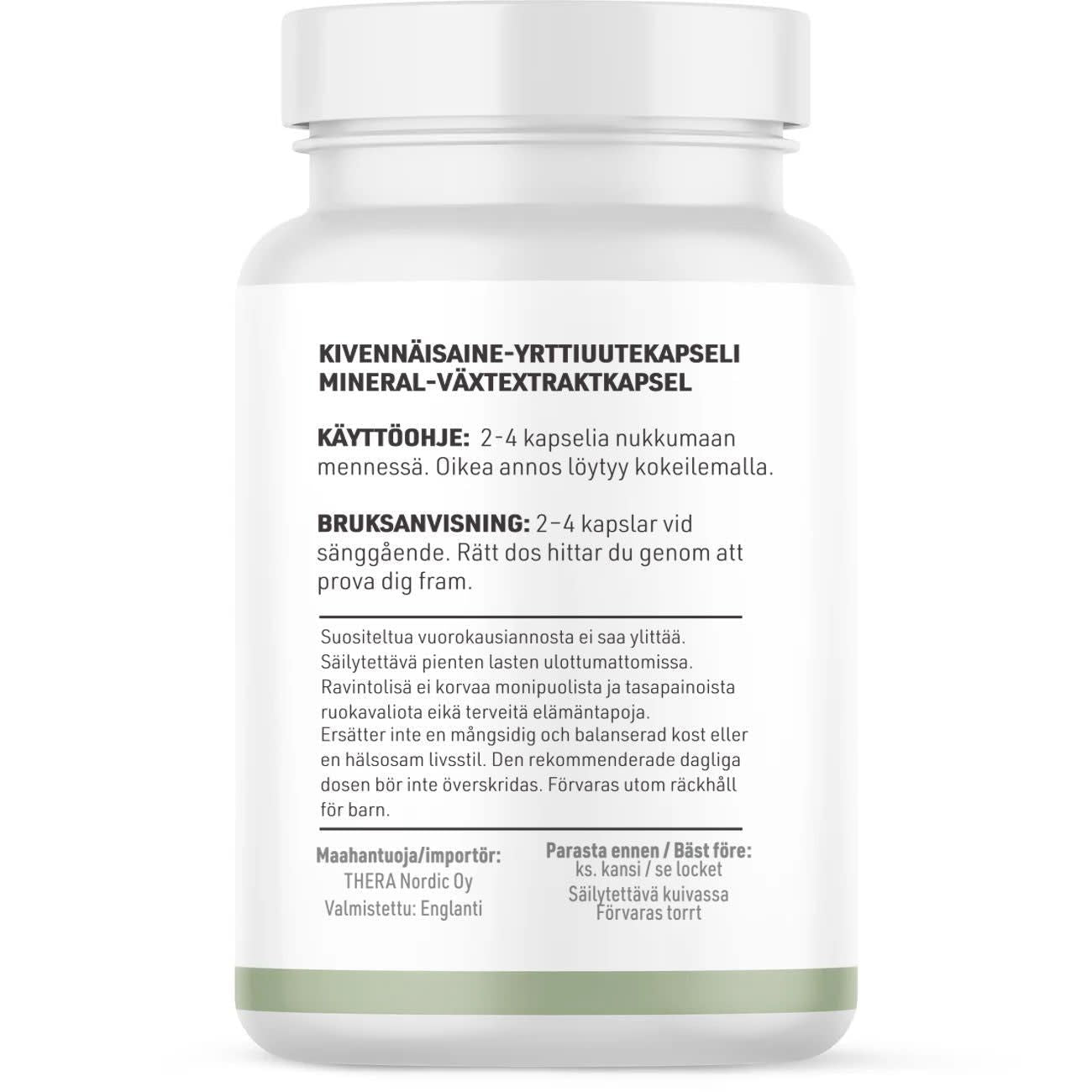 THERA Nordic Move by THERA Nordic is a white bottle with a white cap and a Finnish/Swedish label showing dosage and storage instructions for this magnesium supplement, which supports healthy bowel movements. The label features simple black and green text.