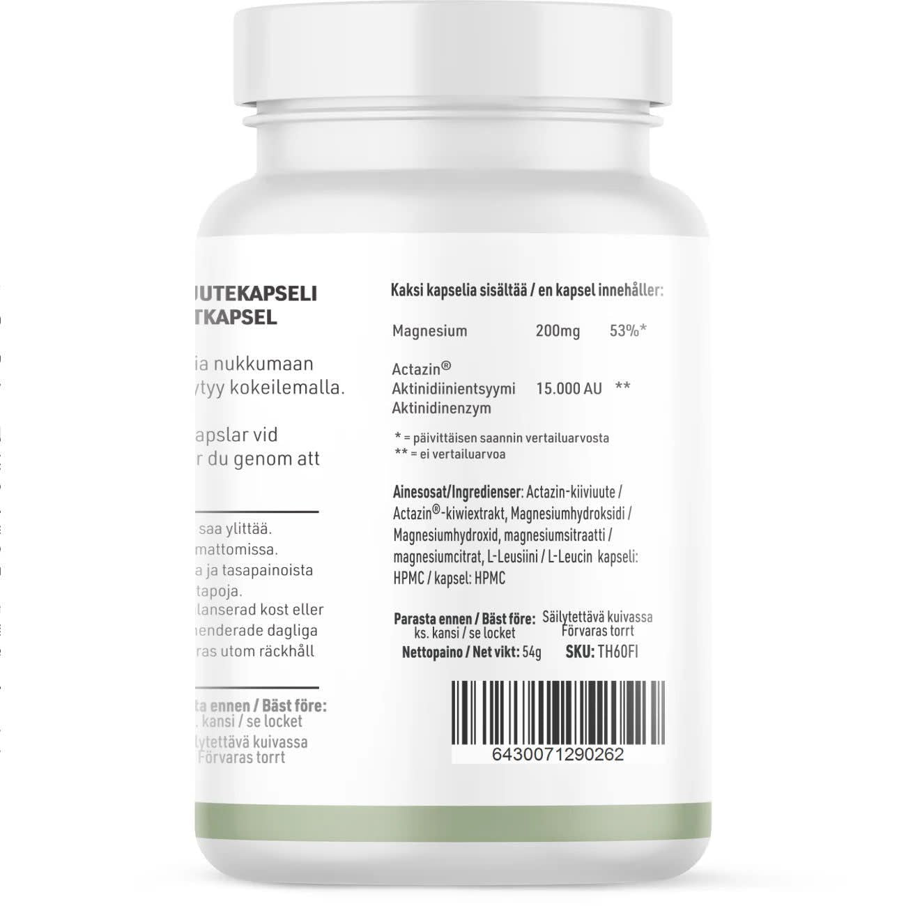 A white bottle of THERA Nordic Move by THERA Nordic displays ingredients and nutritional info in Finnish and Swedish. The label features a barcode at the bottom, green accents, and supports healthy bowel movements.