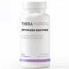 A white bottle of THERA Nordic Optimized Enzymes by THERA Nordic, labeled in Finnish and Swedish, contains 60 capsules for bloating relief with black and purple accents on a plain background.
