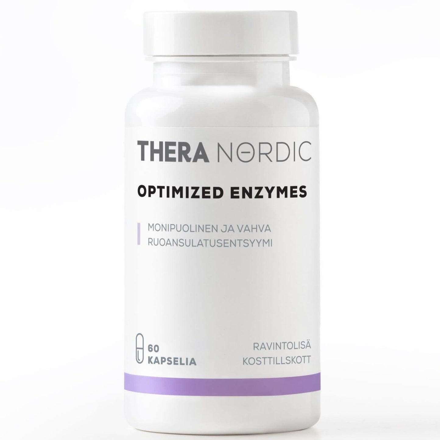 Una bottiglia bianca di THERA Nordic Optimized Enzymes di THERA Nordic, con etichetta in finlandese e svedese, contiene 60 capsule per alleviare il gonfiore, con accenti neri e viola su uno sfondo semplice.