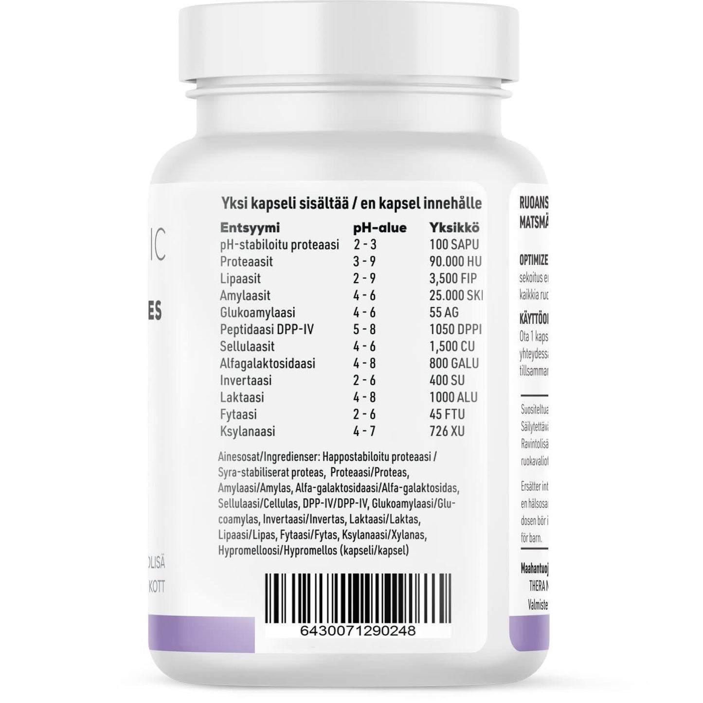 A white THERA Nordic Optimized Enzymes bottle shows a Finnish label with a table of digestive enzymes and pH ranges, supporting gluten and dairy digestion. Ingredient details below highlight relief from bloating.