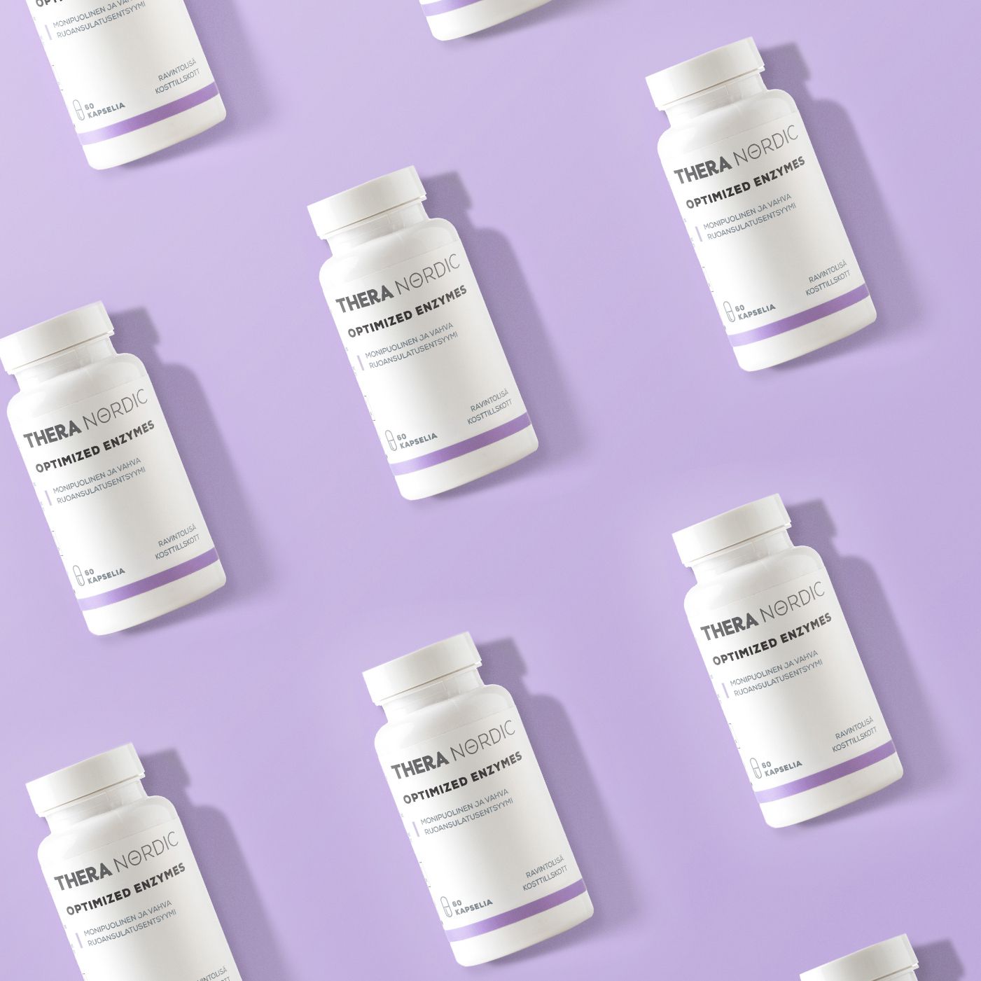 Several white bottles labeled THERA Nordic Optimized Enzymes are arranged diagonally on a light purple background, emphasizing the brand’s digestive enzyme formula for bloating relief in a repeating pattern.