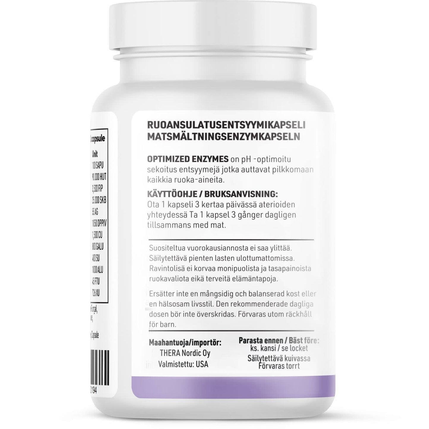 A white bottle with a purple cap labeled in Finnish and Swedish displays THERA Nordic Optimized Enzymes by THERA Nordic—capsules for bloating relief and gluten/dairy digestion—with usage, manufacturing info, and best before date.