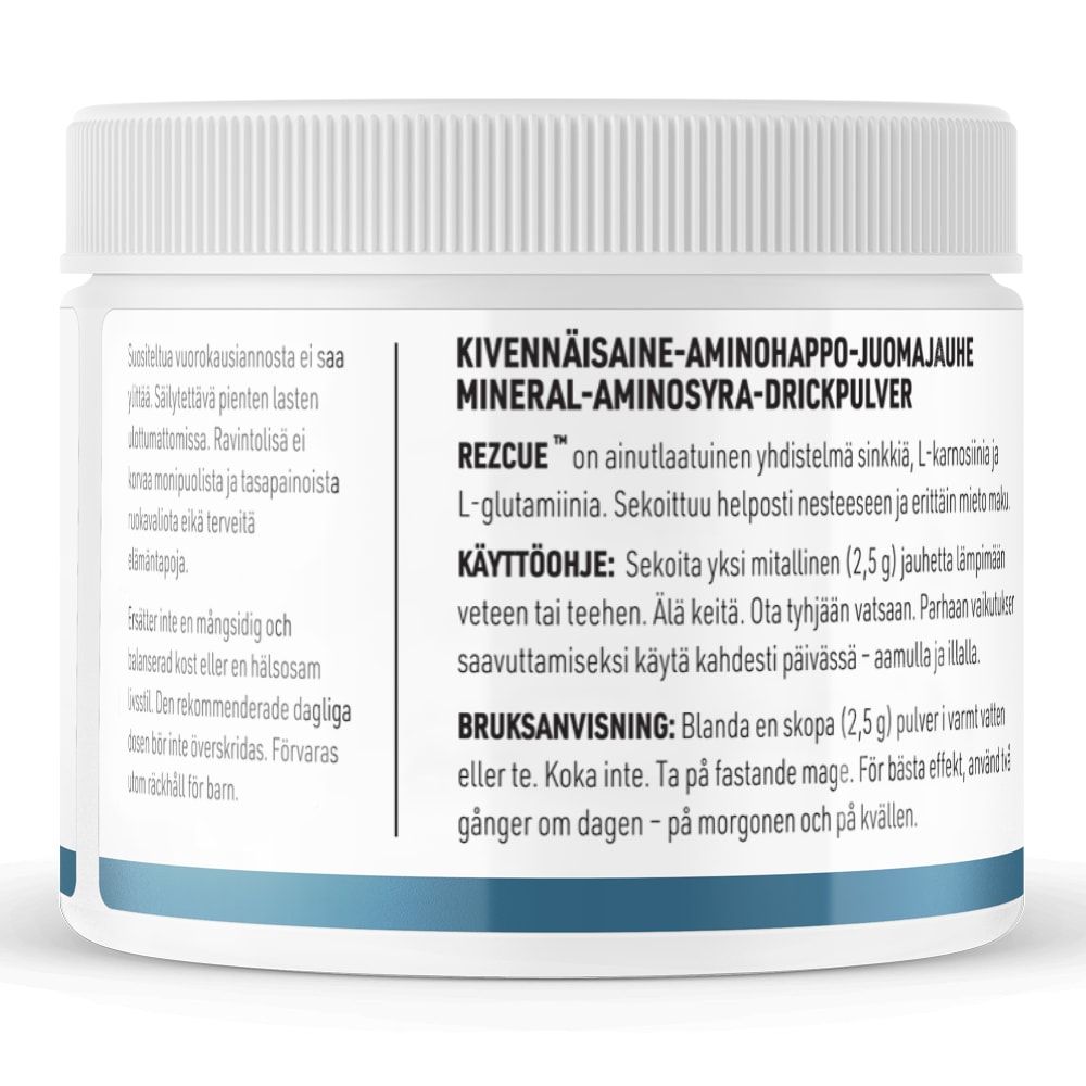 A white container with a ribbed lid displays Finnish and Swedish text describing THERA Nordic Rezcue Drink Powder, a mineral-amino acid supplement for gut healing, along with usage instructions and ingredients. "THERA Nordic Rezcue" is highlighted in bold.