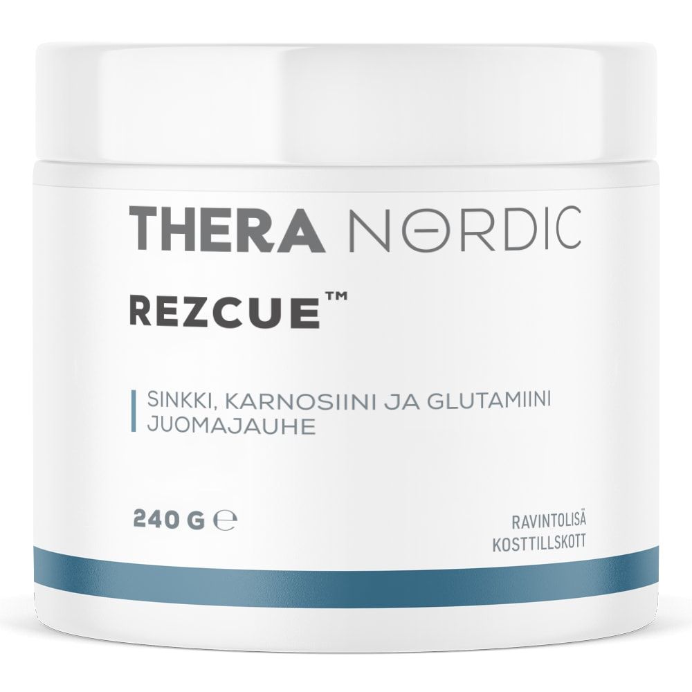 A white THERA Nordic Rezcue Drink Powder container with blue accents, labeled with zinc, carnosine, and glutamine for gut support. Net weight: 240g. Brand: THERA Nordic.