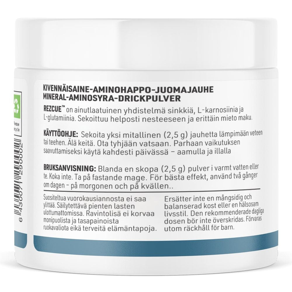 The THERA Nordic Rezcue Drink Powder comes in a white plastic container labeled in Finnish and Swedish, detailing its mineral and amino acid contents, gut health benefits, usage instructions, storage info, and ingredients.