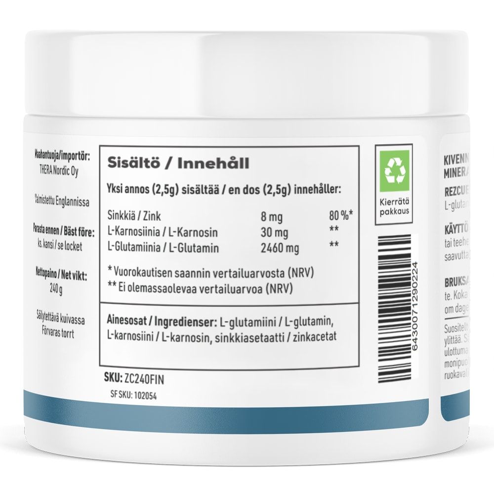 A white THERA Nordic Rezcue Drink Powder container features a Scandinavian label showing ingredients like zinc, L-carnosine, and L-glutamine for gut health. Barcode and recycling symbol are present. Brand: THERA Nordic.