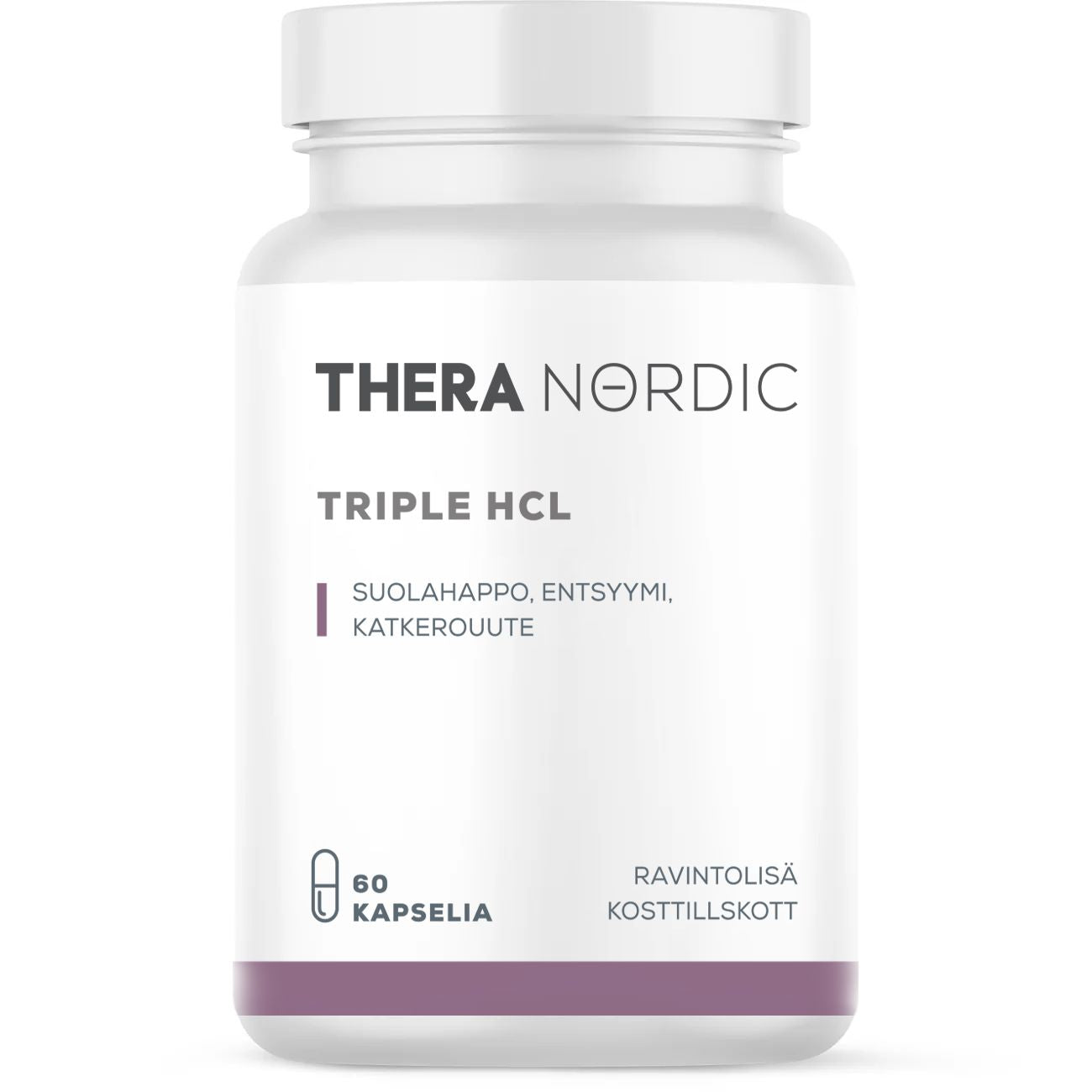 A white bottle labeled THERA Nordic Triple HCL by THERA Nordic, contains 60 capsules. This digestive supplement combines Betaine HCL, enzyme, and bitters extract for acid reflux relief and better digestion.