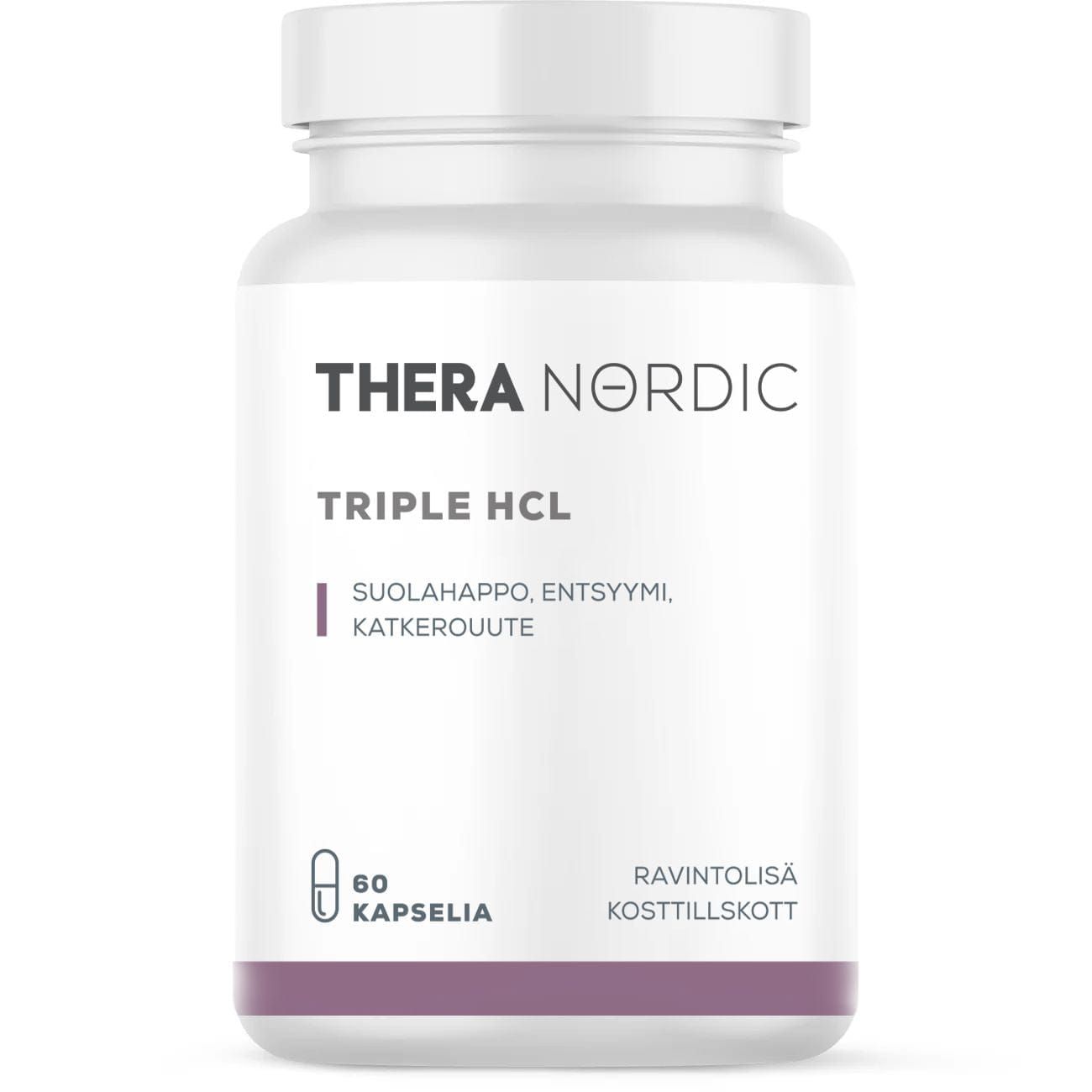 A white bottle labeled THERA Nordic Triple HCL by THERA Nordic, contains 60 capsules. This digestive supplement combines Betaine HCL, enzyme, and bitters extract for acid reflux relief and better digestion.