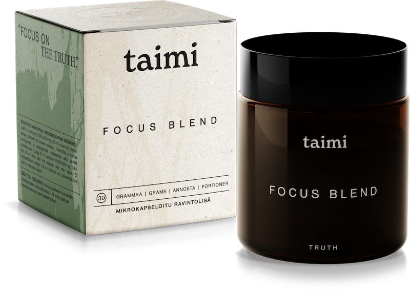 A jar labeled Taimi Focus Blend, a cognitive support supplement by Taimi, sits beside its minimalist packaging. Both items have neutral colors and display the word "TRUTH" at the bottom of the jar.