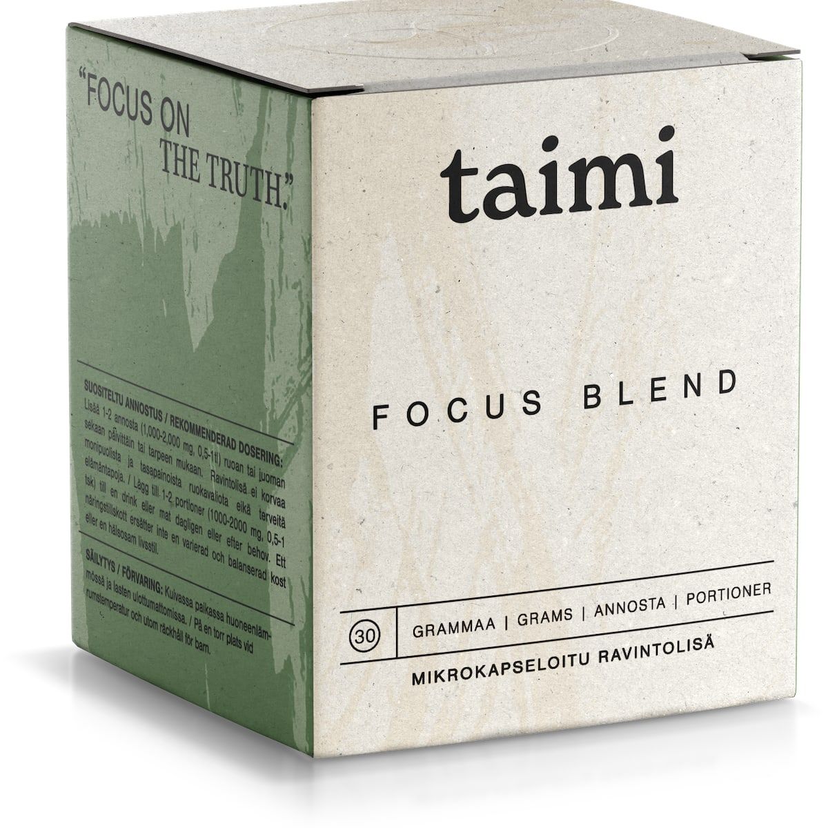 A cardboard box labeled Taimi Focus Blend, a brain-boosting supplement by Taimi with English and Finnish text and the phrase FOCUS ON THE TRUTH, contains 30 grams of microencapsulated cognitive support powder.