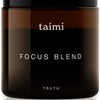 A brown glass jar with a black lid labeled Taimi Focus Blend, this cognitive support supplement from Taimi is designed to help enhance mental clarity.