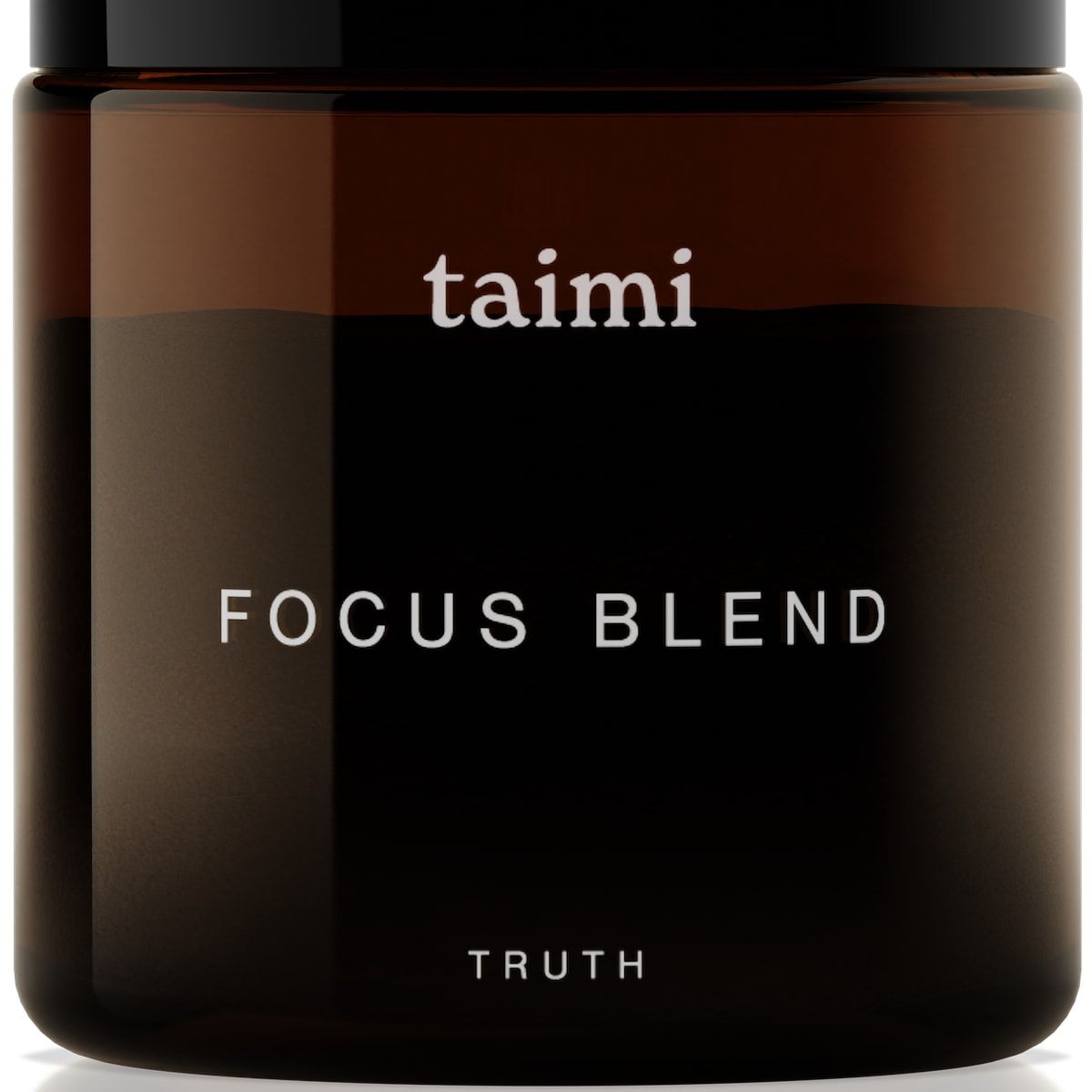 A brown glass jar with a black lid labeled Taimi Focus Blend, this cognitive support supplement from Taimi is designed to help enhance mental clarity.