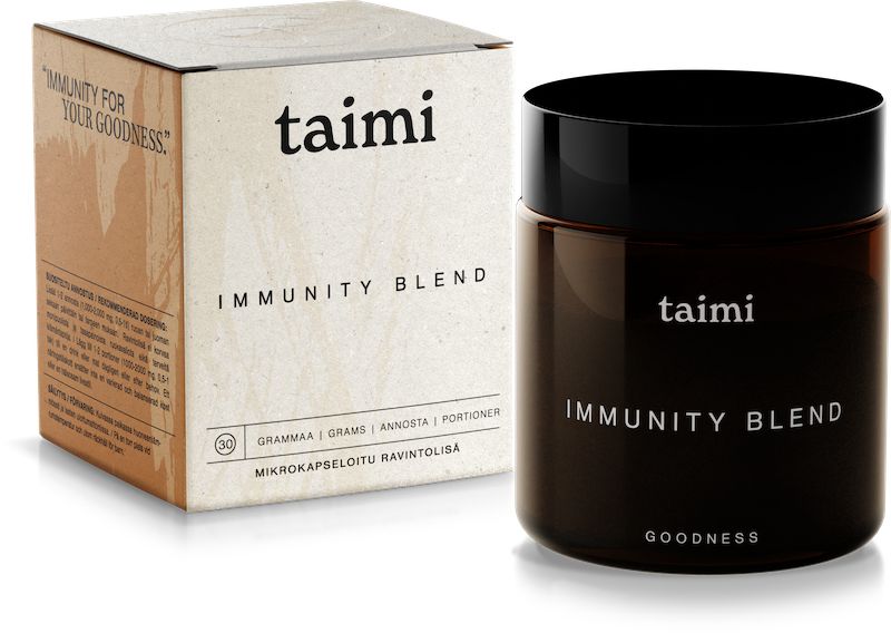 A brown glass jar labeled Taimi Immunity Blend, an immunity supplement from Taimi, stands beside a matching box with the branding and "IMMUNITY FOR YOUR GOODNESS" on the lid.