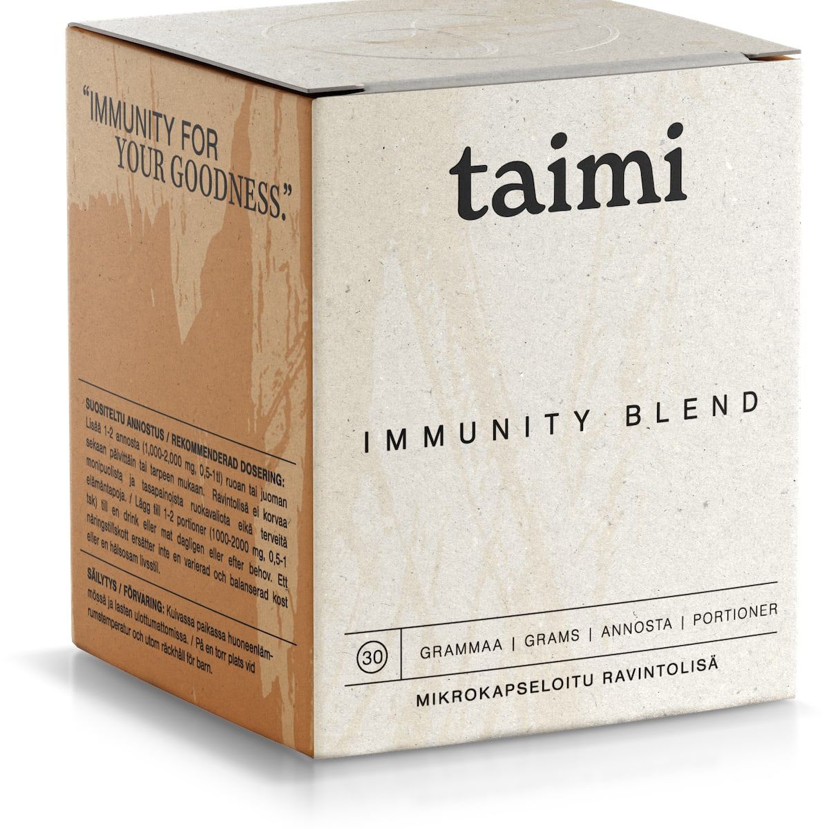A box of Taimi Immunity Blend by Taimi features “Immunity for your goodness.” Its minimalist design lists 30g and microencapsulated ingredients, delivering vegan immune support to boost your daily wellness.