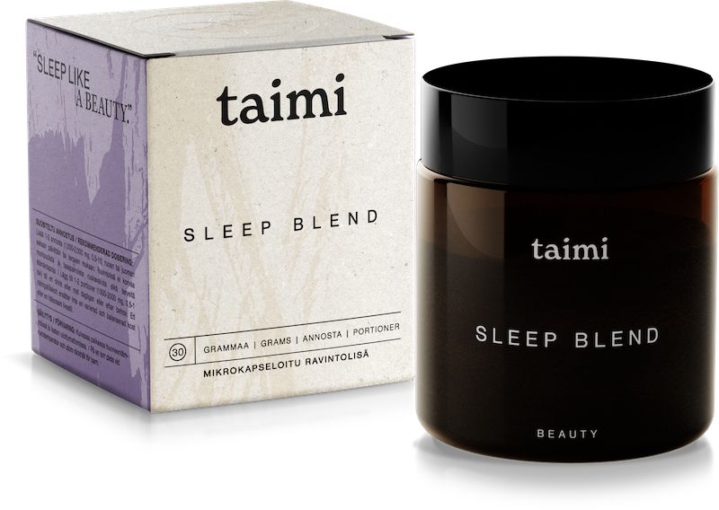 A dark glass jar labeled Taimi Sleep Blend sits beside its matching box, both displaying the Taimi brand, the phrase "SLEEP LIKE A BEAUTY," and promoting magnesium for relaxation.
