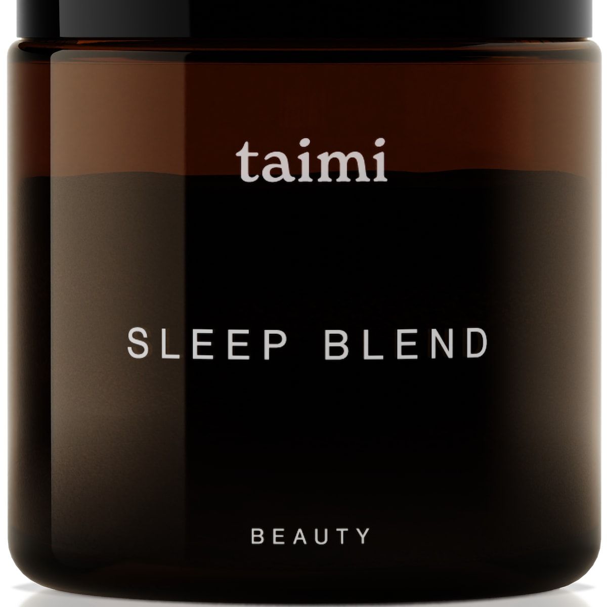 A brown glass Taimi Sleep Blend jar with a black lid, featuring the Taimi brand and magnesium for enhanced relaxation, is shown against a white background.