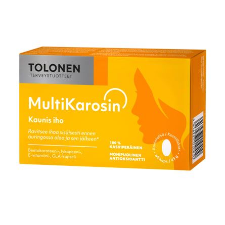 A rectangular orange box of Dr. Tolonen Tolonen MultiKarosin, featuring Finnish text and a woman's silhouette with flowing hair, highlights its antioxidant blend for skin health as a sun capsule tanning supplement.