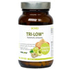 A bottle of BIOMED TRI-LOW dietary supplement capsules, featuring a dark amber glass bottle, a silver metal cap, and a white label with green and yellow accents.