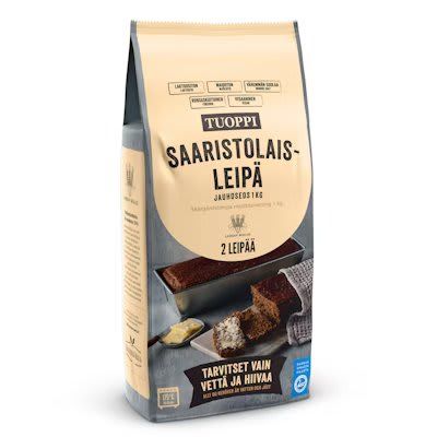 A beige and blue bag of Laihian Mallas Tuoppi Archipelago Bread Flour Mix, with images of rye bread, butter, and a knife; Finnish text. Just add water and yeast to bake two loaves of traditional Finnish archipelago bread.