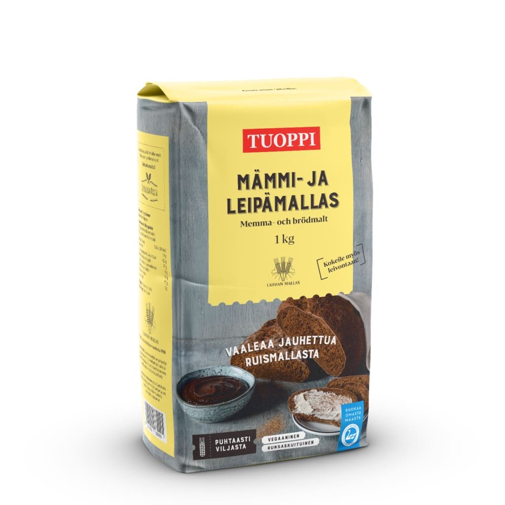 A 1 kg package of Laihian Mallas Tuoppi Mämmi & Bread Malt, ideal for making mämmi or baking bread. The packaging features images of dark rye bread, a dish of mämmi, and rye flour on the front.