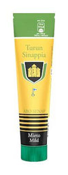 A tube of Turun Sinappi Turku Mild Mustard with a yellow and green label, crest, Finnish flag, and black cap. The packaging features Finnish and Swedish text highlighting this classic mild mustard.