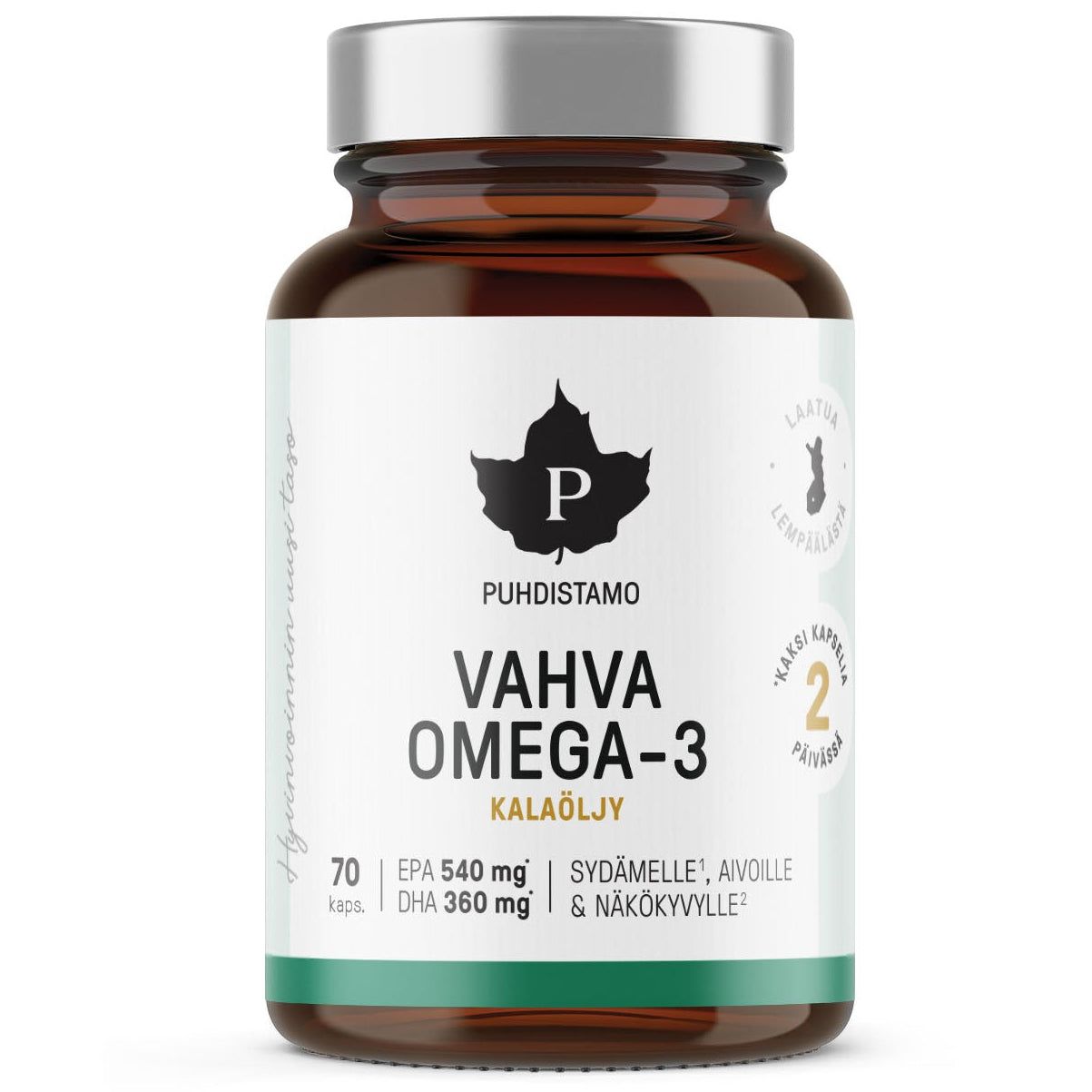 Brown supplement bottle with white label on a white background