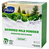 Valio Skimmed Milk Powder, 400g, comes in a green and white box featuring milk splashes and pine trees. Instantly dissolves to make 4L of high-protein milk with vitamin D, highlighting the purity of Finnish Valio milk powder.
