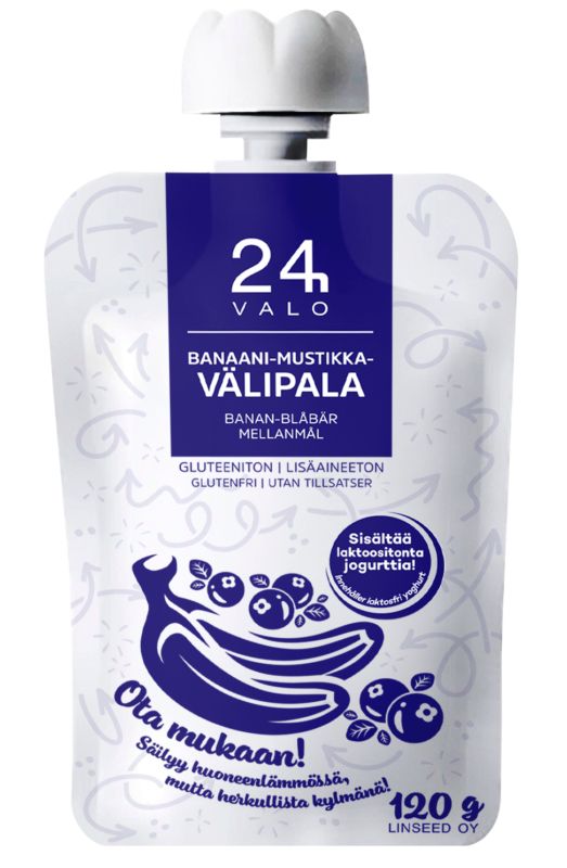 Ein 120-g-Beutel Valo24h Bananen-Blaubeer-Smoothie-Snacks, glutenfrei und ohne Zusatzstoffe (finnisches/schwedisches Etikett), mit einer Verpackung mit Banane, Blaubeeren und Joghurt - gesunder Snack von Valo24h. Enthält 24 Beutel.