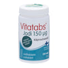 A white bottle of Hankintatukku Vitatabs Iodine 150 µg, a Finnish iodine supplement with a blue and white label, contains 120 tablets. The label displays Finnish text and a Finnish flag symbol.