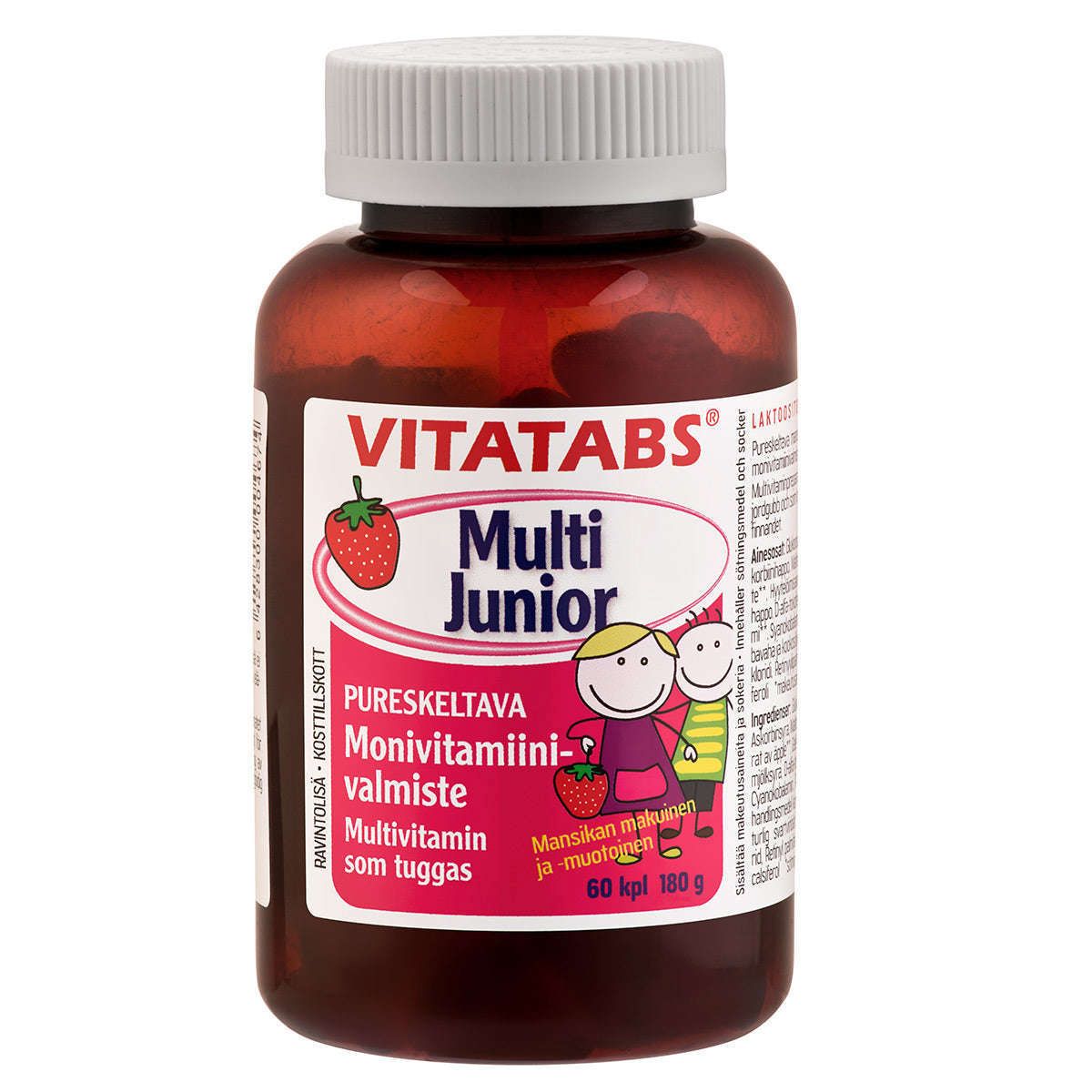 Vitatabs Multi Junior by Hankintatukku is a children's vitamin D supplement with 60 chewable tablets (180g), featuring a pink label with cartoon children, strawberries, and Finnish-Swedish text.