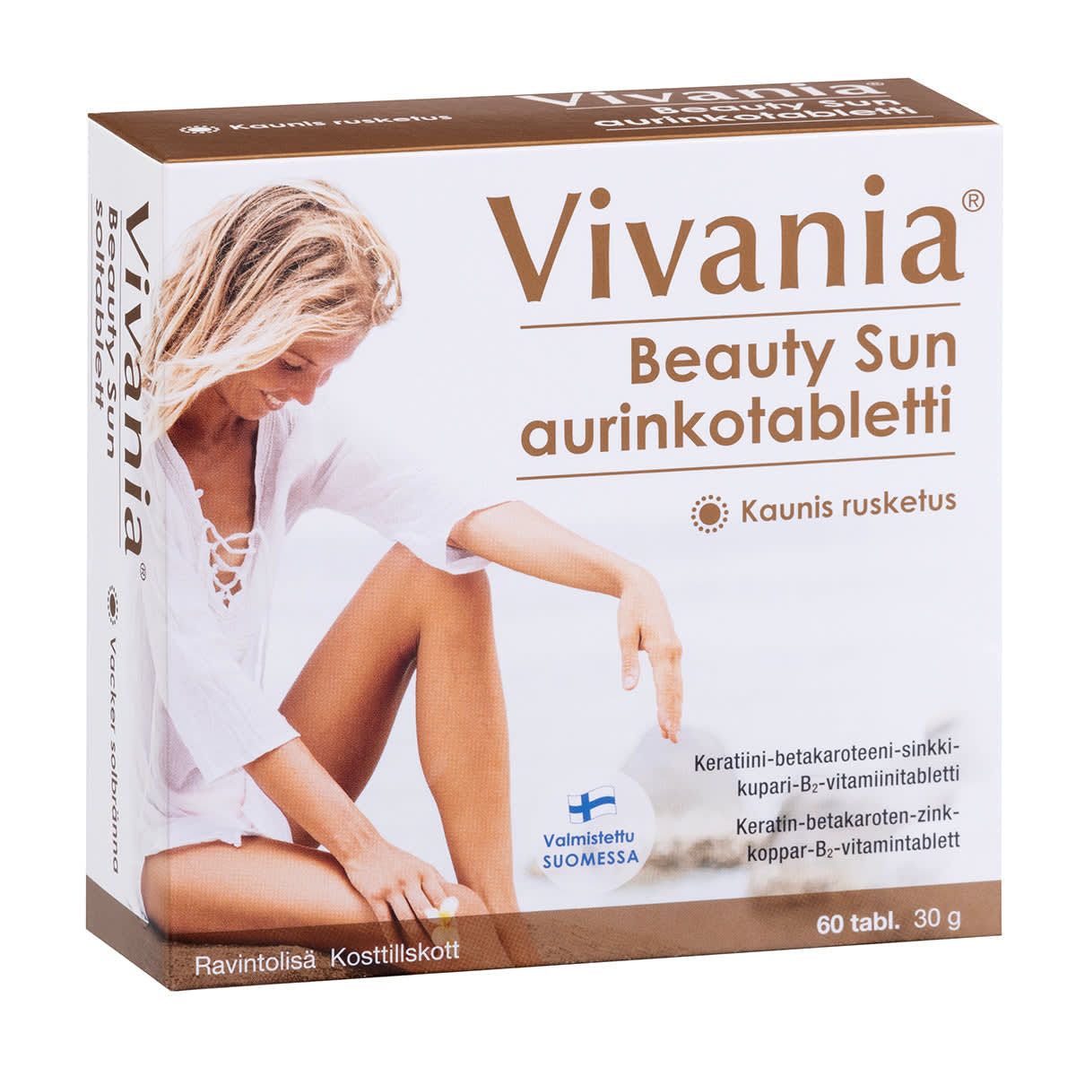 A box of Hankintatukku Vivania Beauty Sun tablets with Finnish text on brown and white packaging, featuring a woman in a white swimsuit on the beach. Includes a blue "Valmistettu Suomessa" label. Helps support a lasting tan.