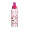 A clear spray bottle with a pink label and cap featuring the XZ Moomin Snorkmaiden character, Finnish text, and floral illustrations. This XZ hair care product is a detangling spray for kids.