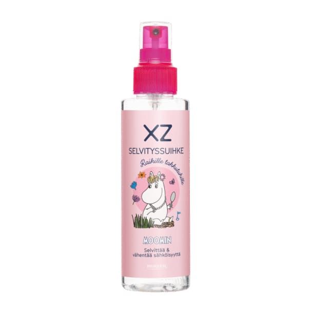 A clear spray bottle with a pink label and cap featuring the XZ Moomin Snorkmaiden character, Finnish text, and floral illustrations. This XZ hair care product is a detangling spray for kids.