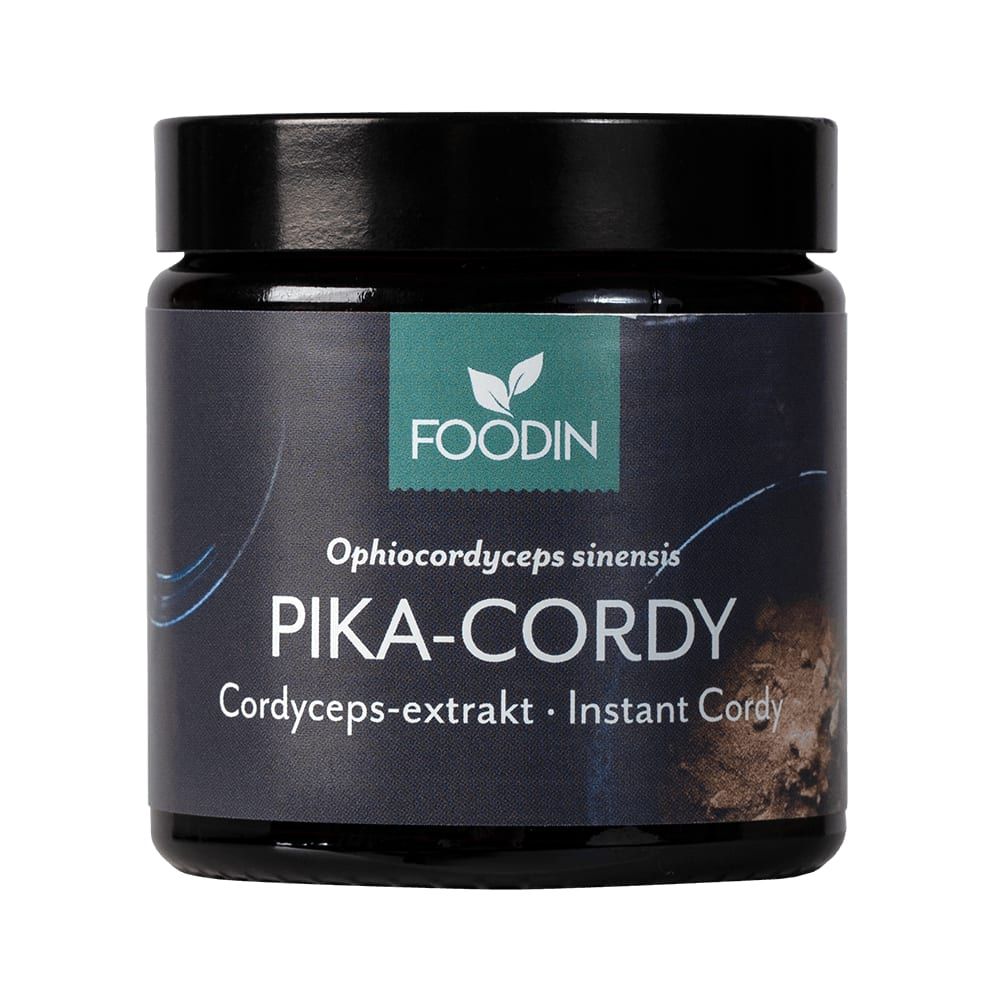 A black jar labeled Foodin Instant Cordy, by Foodin, with Cordyceps mushroom extract powder (Ophiocordyceps sinensis) and instant Cordy is displayed against a plain background.
