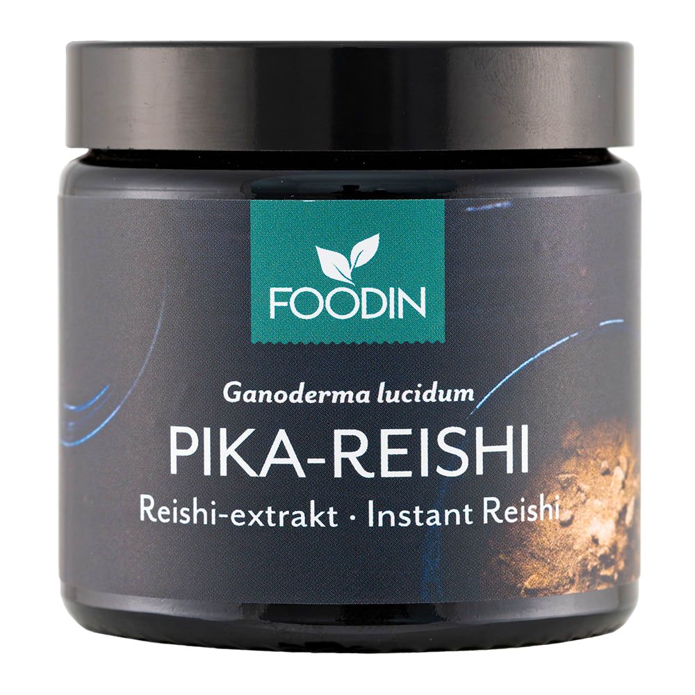 A black jar labeled Foodin Instant Reishi with a green and white logo on the lid, used for dual-extracted reishi powder.