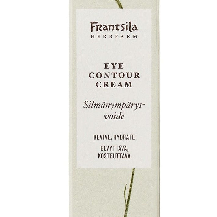 Rectangular box of Frantsila Midsummer Rose Bright Eyes Beauty Cream with botanical art of a purple flower and green stem, labeled in English and Finnish. Contains rosehip seed oil for gentle, anti-aging care.