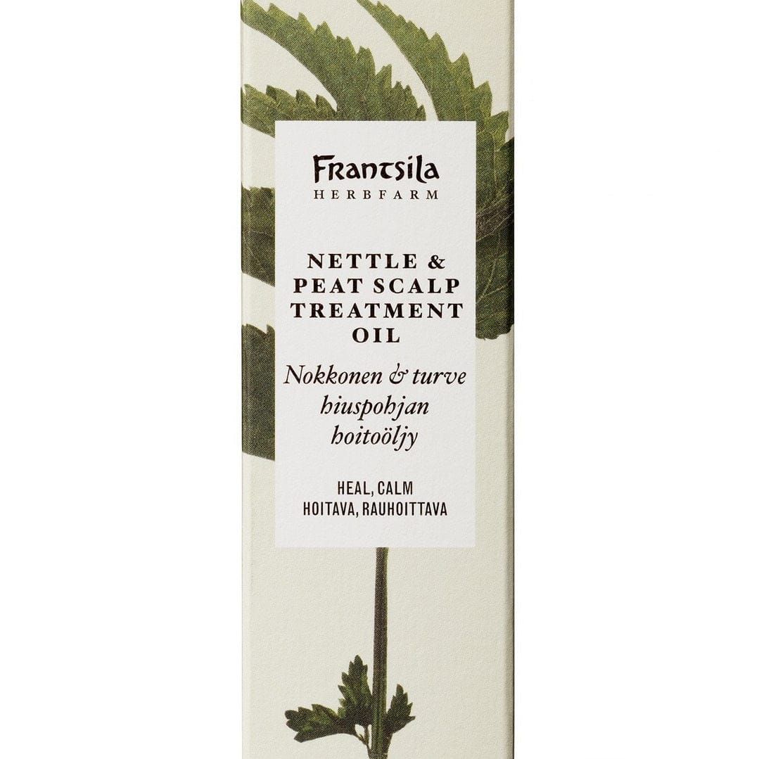 A rectangular box of Frantsila Nettle & Peat Scalp Treatment Oil for dry, itchy scalp, with text and a green botanical illustration on a light background.