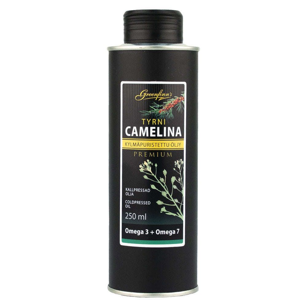 A black 250ml metal bottle of Greenfinn’s Sea Buckthorn & Camelina Oil with a black screw cap features a yellow and white label with plant illustrations, highlighting “Omega 3 + Omega 7” and “cold pressed oil rich in omega-3 fatty acids.”.